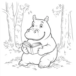 Coloring pages with A curious hippopotamus reading a book in the forest.