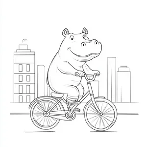 Coloring pages with A cheerful hippopotamus riding a bicycle in the city.