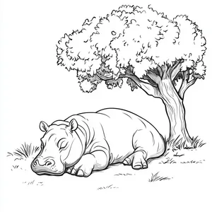 Coloring pages with A sleepy hippopotamus resting under a tree in the park.