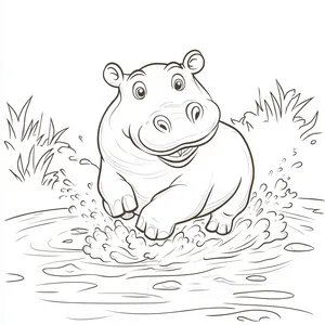 Coloring pages with A happy hippopotamus splashing in the river.