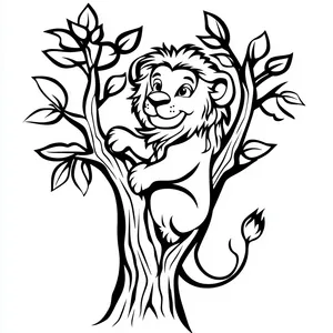 Coloring pages with a lion climbing a tree.