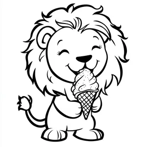 Coloring pages with a lion eating an ice cream cone.