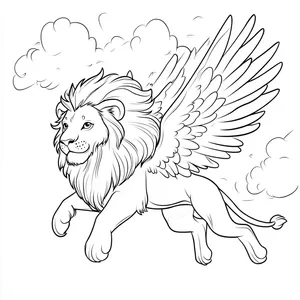 Coloring pages with a lion flying with wings in the sky.