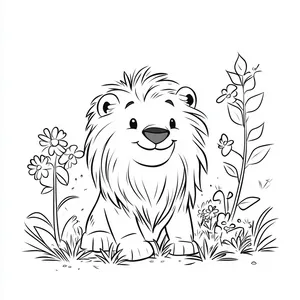 Coloring pages with a lion gardening with flowers and plants.