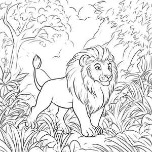 Coloring pages with a lion hunting in the jungle.