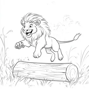 Coloring pages with a lion jumping over a log.