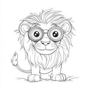 Coloring pages with a lion looking through binoculars at the zoo.