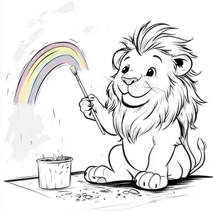 Coloring pages with a lion painting a rainbow on a wall.