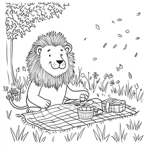 Coloring pages with a lion having a picnic in the park.