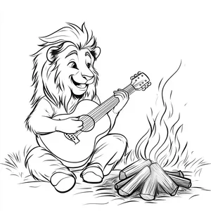 Coloring pages with a lion playing guitar by a campfire.