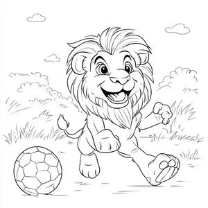 Coloring pages with a lion playing soccer on a field.