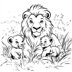 Coloring pages with a lion playing with cubs in the grass.