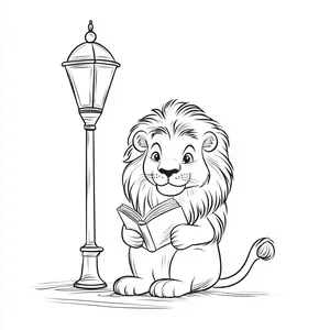 Coloring pages with a lion reading a book under a lamp post.