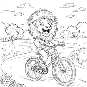 Coloring pages with a lion riding a bicycle on a country road.