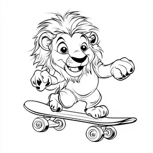 Coloring pages with a lion riding a skateboard in the park.