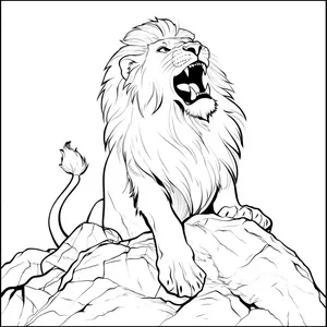 Coloring pages with a lion roaring on a rocky hill.