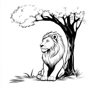 Coloring pages with a lion sitting under a tree.