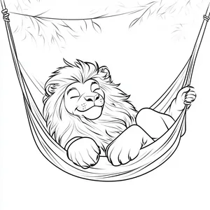 Coloring pages with a lion sleeping in a hammock.