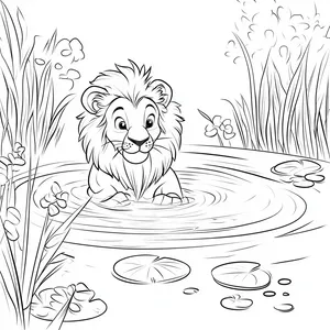 Coloring pages with a lion swimming in a pond.