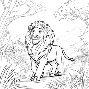 Coloring pages with a lion walking through the savanna.