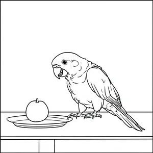 Coloring pages with A parrot eating a fruit in the kitchen