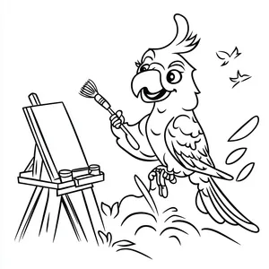 Coloring pages with A parrot painting with a brush in the art studio