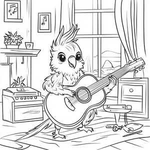 Coloring pages with A parrot playing a guitar in the music room