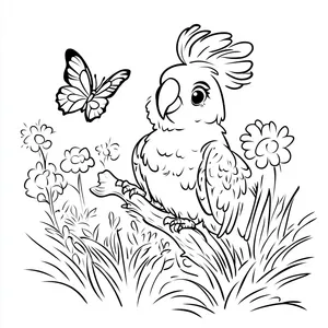 Coloring pages with A parrot playing with a butterfly in the garden