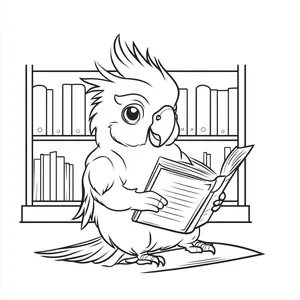 Coloring pages with A parrot reading a book in the library