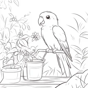 Coloring pages with A parrot watering plants in the greenhouse