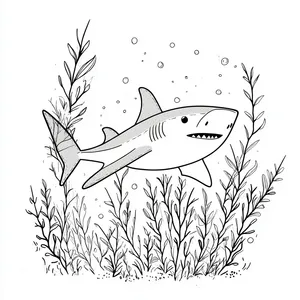 Coloring pages with A shark swimming over a bed of seaweed.