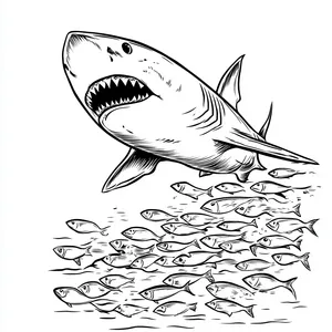 Coloring pages with A shark chasing after a school of fish.