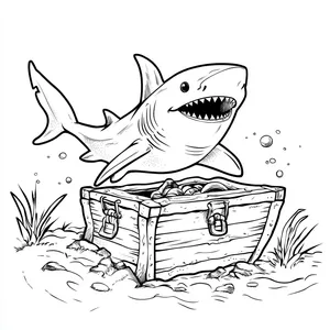 Coloring pages with A shark circling a sunken treasure chest.