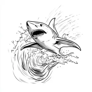 Coloring pages with A shark leaping through a big ocean wave.