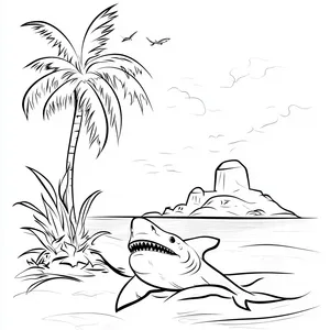 Coloring pages with A shark swimming close to a tropical island.