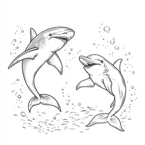 Coloring pages with A shark interacting playfully with a dolphin.