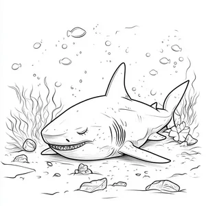 Coloring pages with A shark resting on the ocean floor.