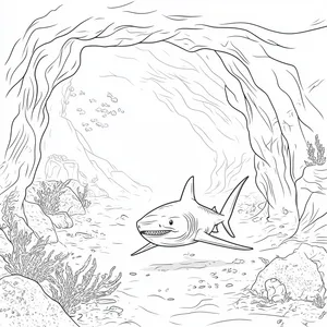 Coloring pages with A shark swimming near the entrance of an underwater cave.