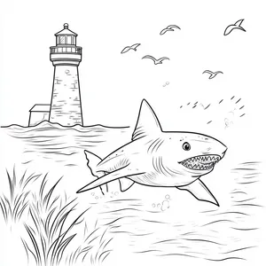 Coloring pages with A shark swimming close to a lighthouse.