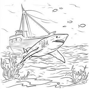 Coloring pages with A shark exploring a sunken ship.