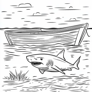 Coloring pages with A shark cruising beneath a boat.