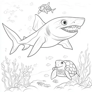 Coloring pages with A shark swimming alongside friendly sea turtles.