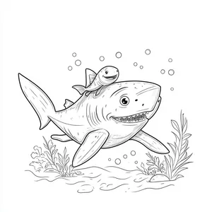 Coloring pages with A shark with a little fish hitching a ride on its back.