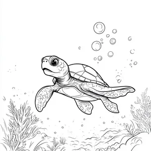 Coloring pages with A turtle blowing bubbles underwater.