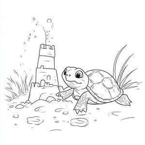 Coloring pages with A turtle building a cute sandcastle.