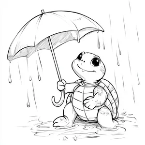 Coloring pages with A turtle playing in the rain with an umbrella.