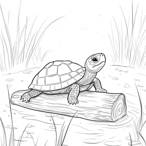 Coloring pages with A turtle resting on a log in a pond.