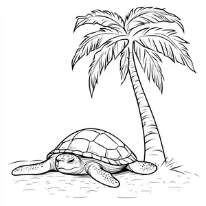 Coloring pages with A turtle napping under a palm tree.