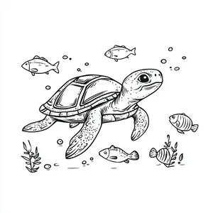 Coloring pages with A turtle swimming alongside fish.