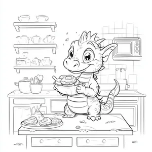 Coloring pages with dragon baking cookies in the kitchen.